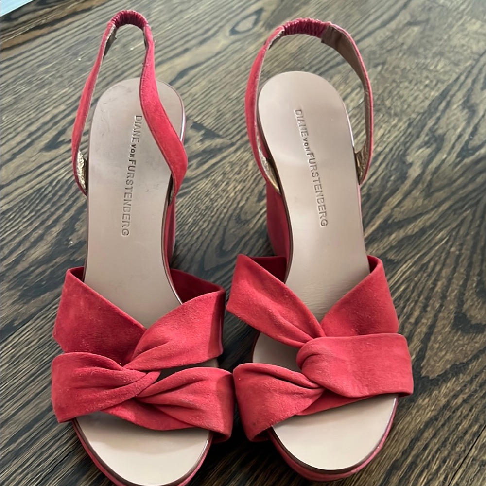 Diane Furstenberg Red Satin Wedge Shoes with Bow Detail